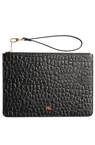 Deri Clutch Çanta El Saplı Siyah Baby Croco - 