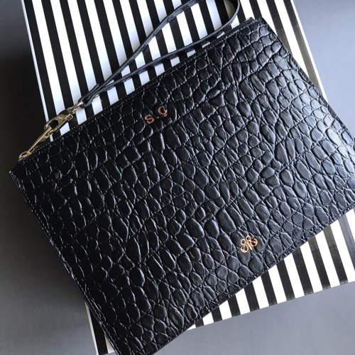 Deri Clutch Çanta El Saplı Siyah Baby Croco - 