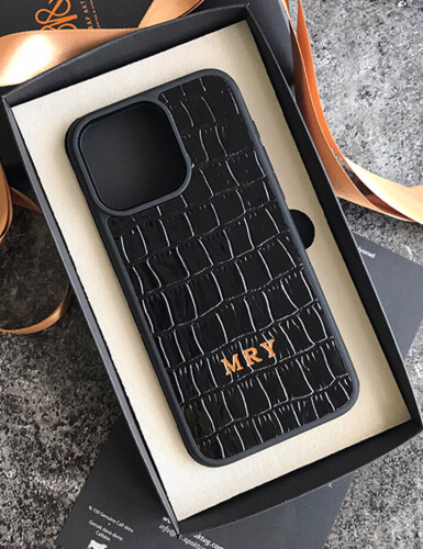 Deri iPhone Kılıf 14 Pro Max Siyah Croco - 7