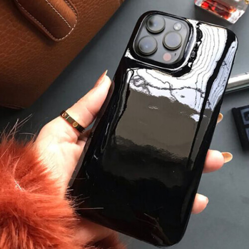 Deri iPhone Kılıf 14 Pro Max Siyah Rugan Full Deri - 