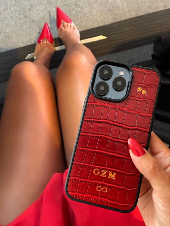 Deri iPhone Kılıf 14 Plus Kırmızı Croco - 3