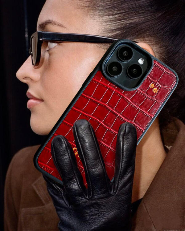 Deri iPhone Kılıf 14 Plus Kırmızı Croco - 5