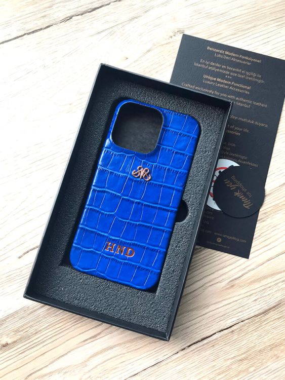 Deri iPhone Kılıf 13 Mini Saks Mavi croco - 3
