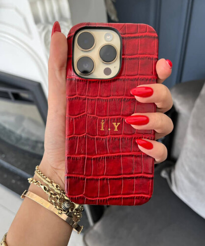 Deri iPhone Kılıf 13 Pro Max Kırmızı Croco Full Deri - (1)