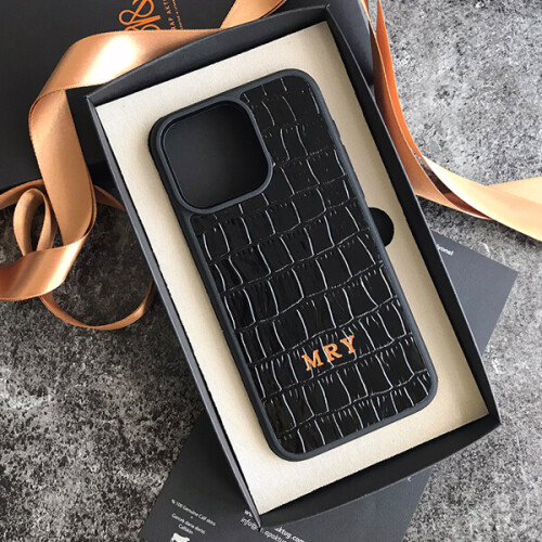 Deri iPhone Kılıf 13 Pro Siyah Croco - 