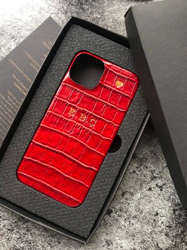 Deri iPhone Kılıf 13 Pro Kırmızı Croco Full Deri - 