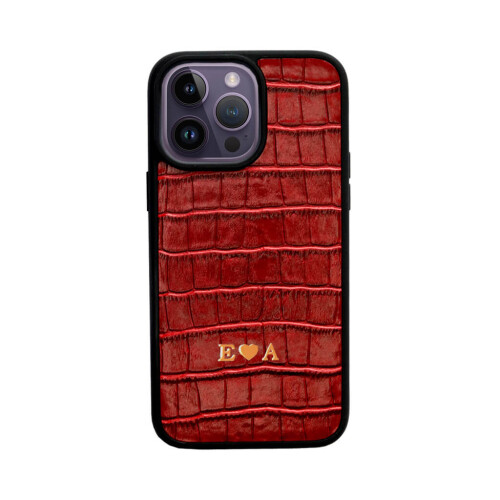 Deri iPhone Kılıf 14 Pro Kırmızı Croco - 2
