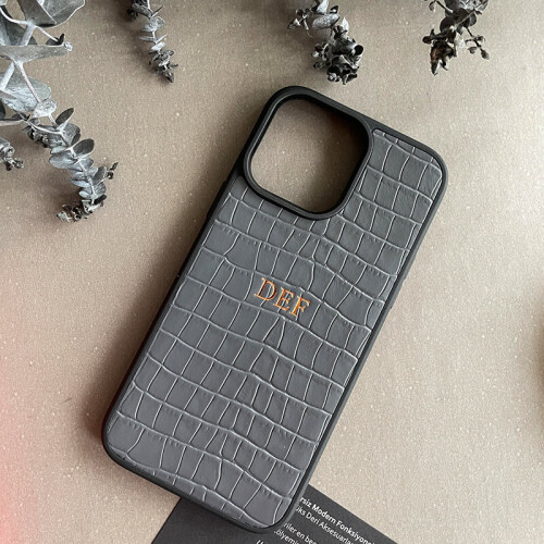 Deri iPhone Kılıf 14 Pro Max Gri Croco - 
