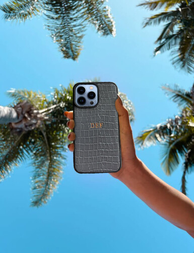 Deri iPhone Kılıf 14 Pro Max Gri Croco - 5