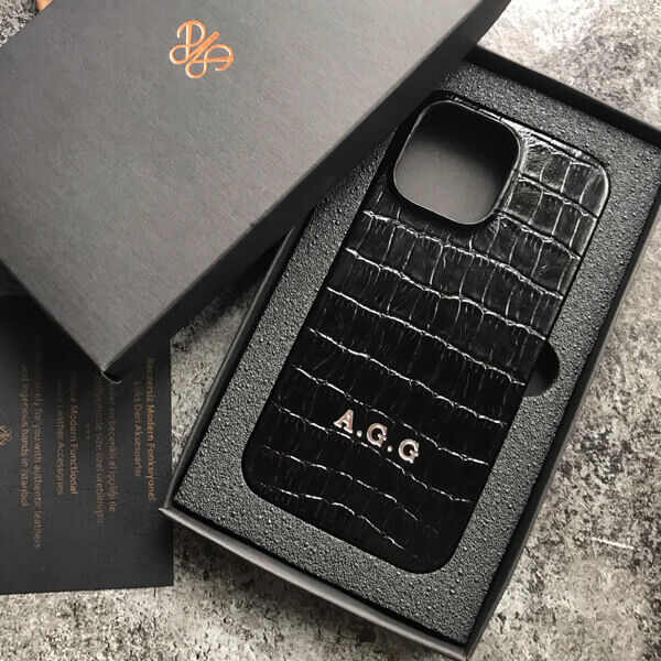 Deri iPhone Kılıf 14 Plus Siyah Croco Full Deri - 1