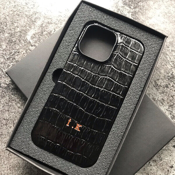 Deri iPhone Kılıf 14 Plus Siyah Croco Full Deri - 4