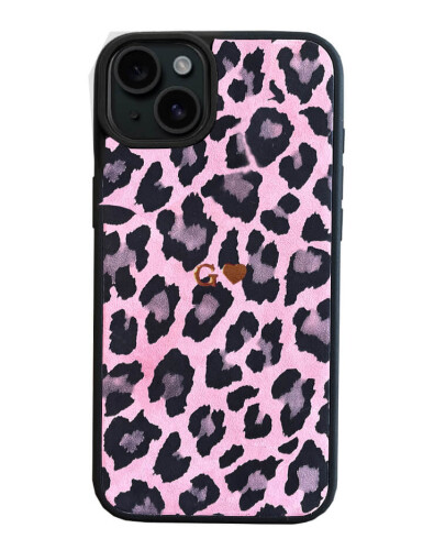 Deri iPhone Kılıf 15 Plus Pembe Leopar - 