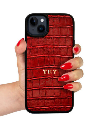 Deri iPhone Kılıf 15 Pro Kırmızı Croco - 4