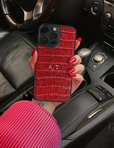 Deri iPhone Kılıf 15 Pro Kırmızı Croco - 5