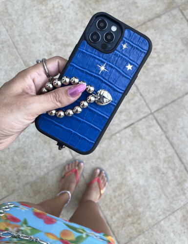 Deri iPhone Kılıf 15 Pro Mavi Croco - (1)