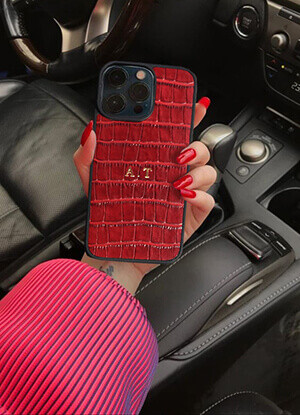 Deri iPhone Kılıf 15 Pro Max Kırmızı Croco - 3