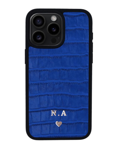 Deri iPhone Kılıf 15 Pro Max Mavi Croco 