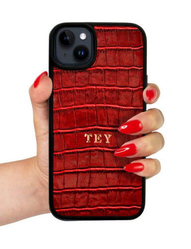 Deri iPhone Kılıf 15 Plus Kırmızı Croco - 