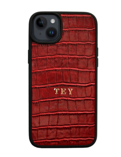 Deri iPhone Kılıf 15 Plus Kırmızı Croco 