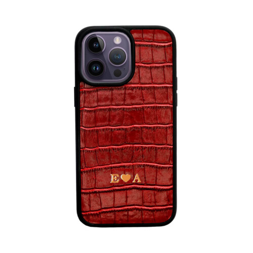 Deri iPhone Kılıf 16 Pro Kırmızı Croco - 