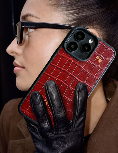 Deri iPhone Kılıf 16 Pro Max Kırmızı Croco - 5