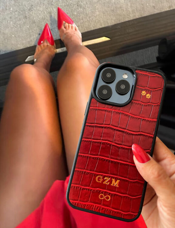 Deri iPhone Kılıf 16 Pro Max Kırmızı Croco - 2