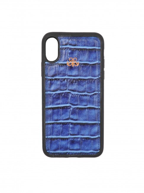 Deri iPhone Kılıf X Mavi Croco - 