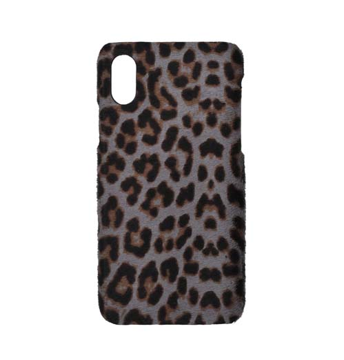 Deri iPhone Kılıf Xs Max Gri Leopar Baskılı Tüylü Deri - 1