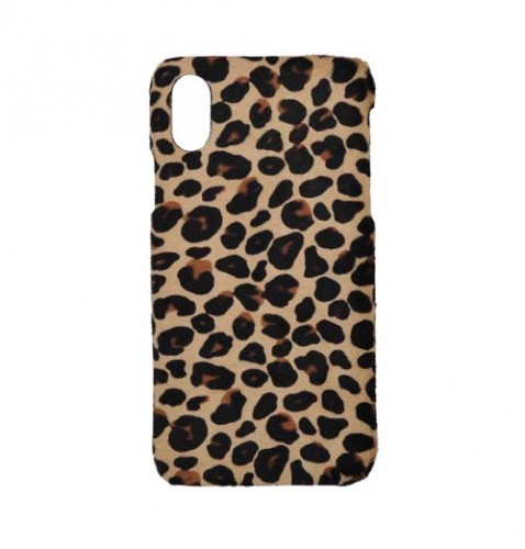 Deri iPhone Kılıf X Camel Leopar Baskılı Tüylü Deri - 
