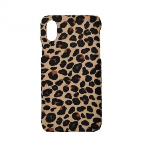 Deri iPhone Kılıf X Camel Leopar Baskılı Tüylü Deri 