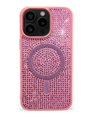 iPhone Kılıf 15 Pro MagSafe Özellikli Pembe TaşlıI - 
