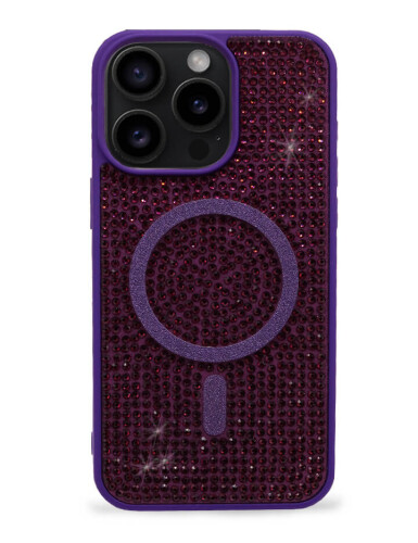 iPhone Kılıf 15 Pro Max MagSafe Özellikli Mor Taşlı - 