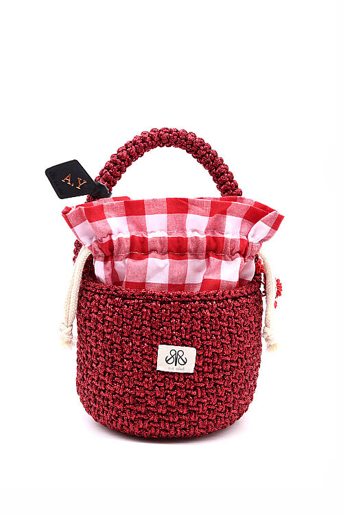 Kroşe örgü kırmızı bucket çanta Elisa   - 4