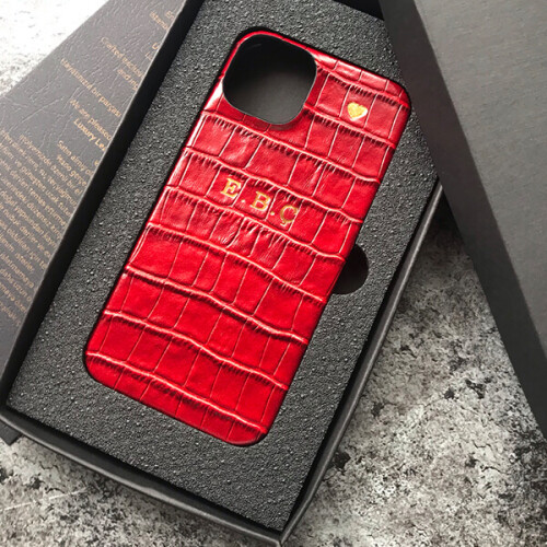 Deri iPhone Kılıf 14-13 Kırmızı Croco Full Deri - 